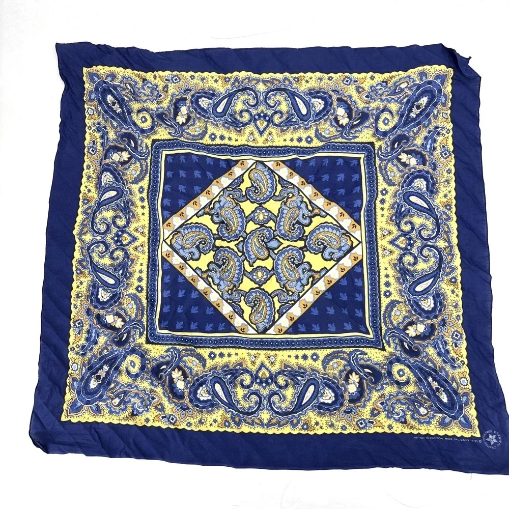 Vintage Bandana Paisley Western Handkerchief Blue Yellow Cotton 30